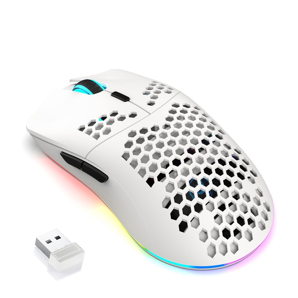 A white wireless gaming mouse with a honeycomb design and RGB lighting, shown on a white background with a USB receiver.