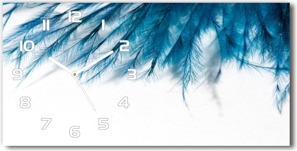 Wanduhr aus Glas – 60x30 cm - Glasbild - Glasuhr - Gehärtetes Glas - weisse-zeiger - blaue Federn
