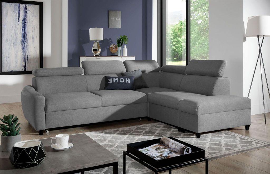 Ecksofa Schlafsofa Sofa ANTON in Stoff Esito Grau Ottomane Rechts