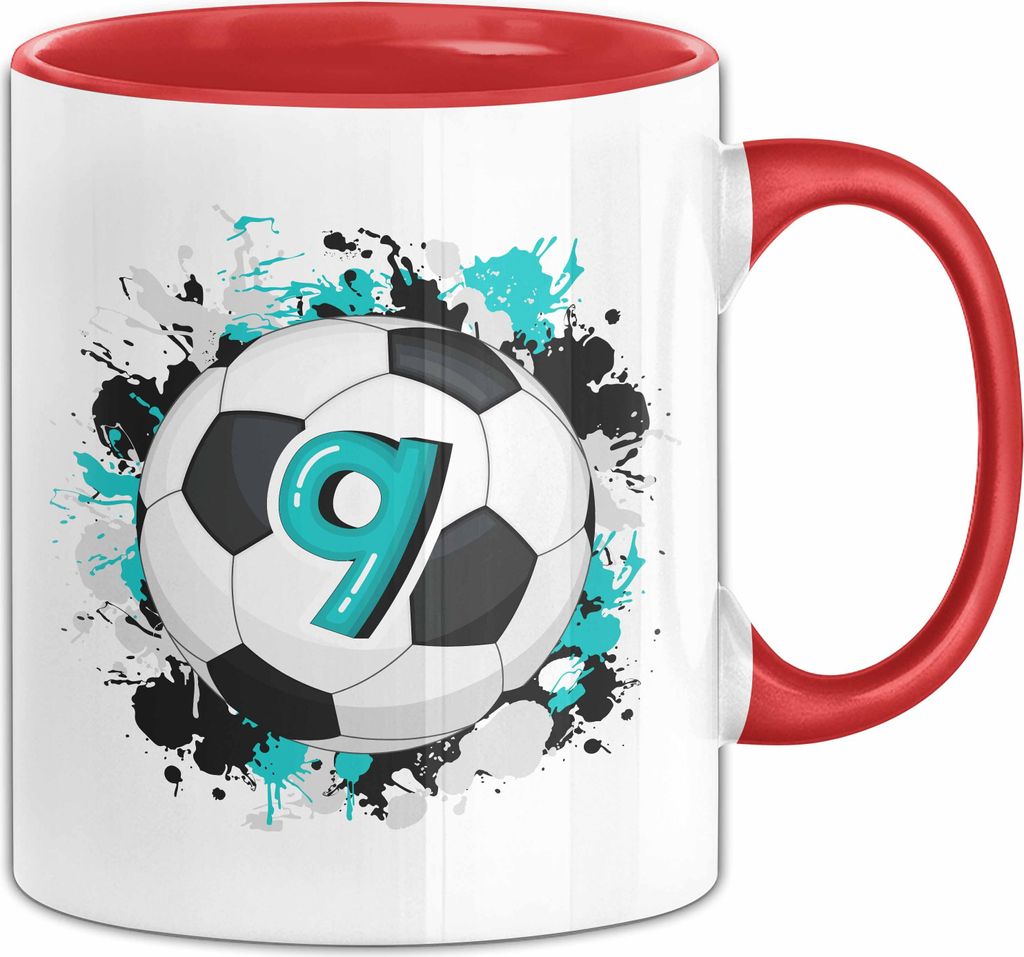 9. Geburtstag Geschenk Tasse Becher Jungs Fußball Geburtstagsgeschenk (Rot)