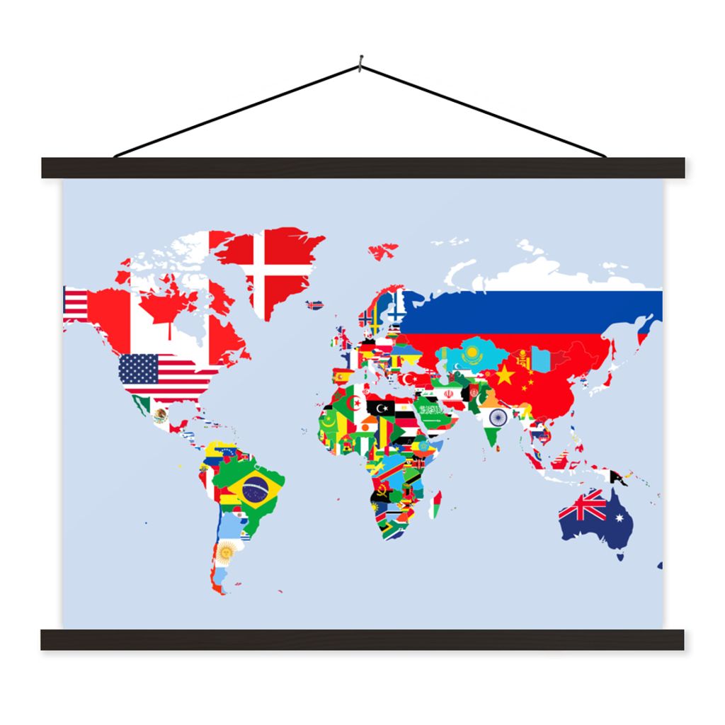 MuchoWow Textilposter Welt - Karte - Flagge - Länder 40x30 cm mit schwarzem Rahmen - Dekorationen