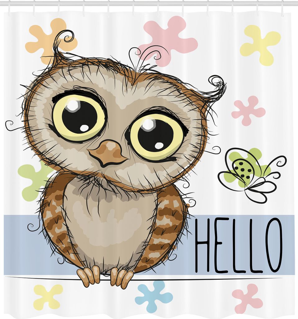 ABAKUHAUS Eulen Duschvorhang, Karikatur-Eule und ein Schmetterling auf einem Blumenhintergrund mit hallo Mitteilungs-Illustration, Stoffliches Gewe...