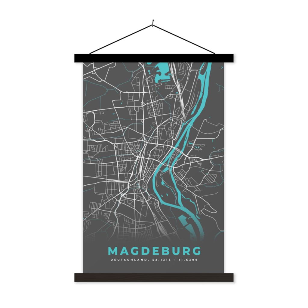 MuchoWow Textilposter Blau - Deutschland - Karte - Stadtplan - Magdeburg 120x180 cm mit schwarzem Rahmen - Fotos
