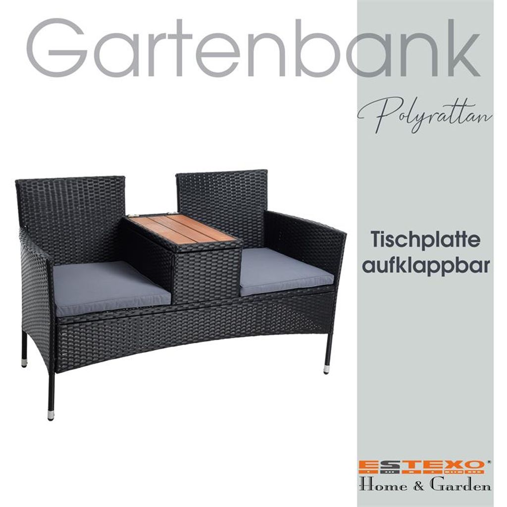Rattanbank mit Sitzkissen Polyrattan Gartenbank Schwarz Sitzbank Parkbank 