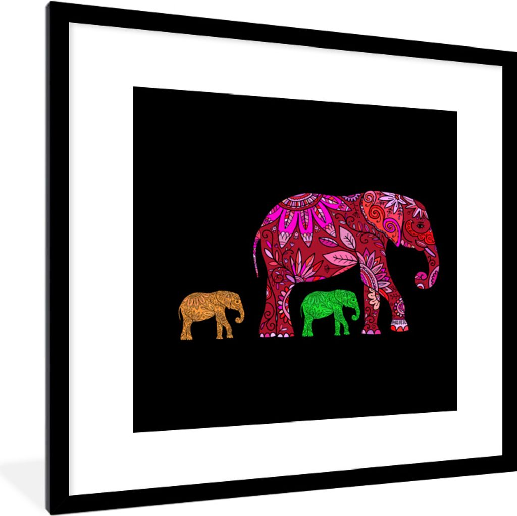 MuchoWow MuchoWow Gerahmtes Poster Elefant - Muster - Blumen - Pflanzen 40x40 cm - Poster mit zchwarzem Bilderrahmen - Poster - Plakat im Rahmen