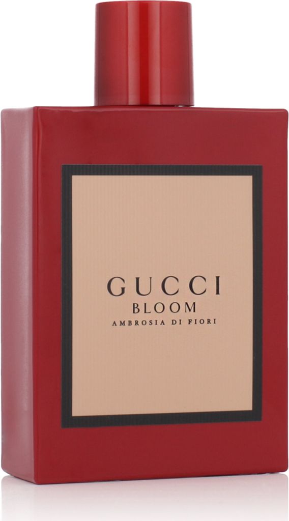 A red bottle of Gucci Bloom Ambrosia di Fiori Eau de Parfum for women.