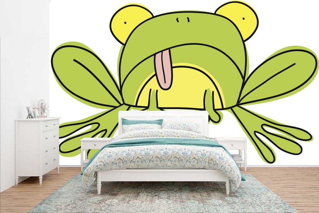 MuchoWow Fototapete für Wohnzimmer oder Schlafzimmer Wandtapete Vinyl Motivtapete Frosch - Lustig - Weiß - 435x260 cm - Kinderzimmer
