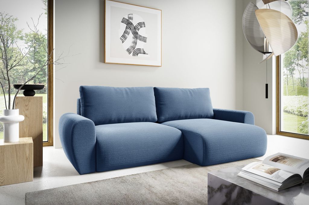 Ecksofa ANTONIO - MINI BOSS L 253x153cm; L-Form mit Schlaffunktion und Bettkästen in Türkis, Blau / Cordbezug, Schenkel / Ottomane rechts oder links