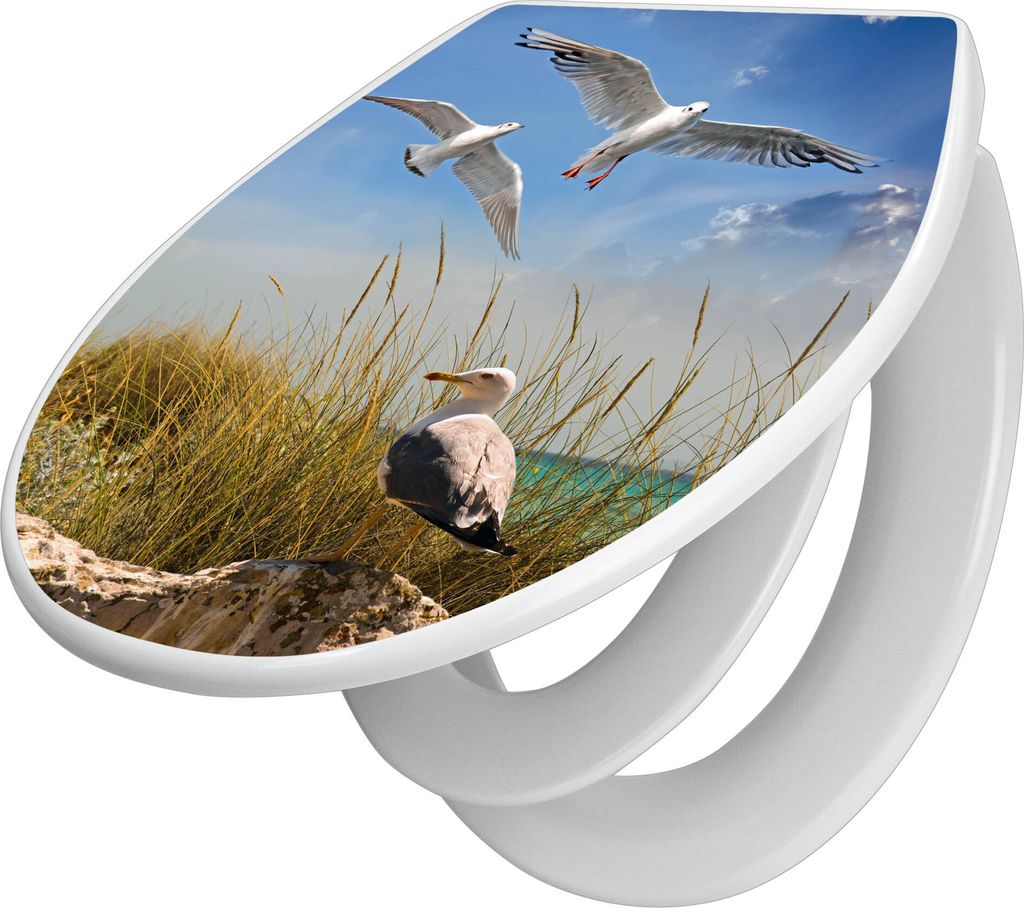 banjado Familien WC Sitz mit Absenkautomatik 37x44,5x5cm -Möwen - Klodeckel/Klobrille mit kindersitz aus hochwertigem Polypropylen - universeller ...