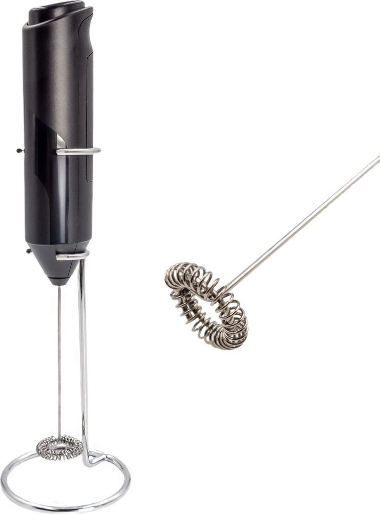 Intirilife Elektrischer Milchaufschäumer mit Halterung in Schwarz - Batteriebetriebener Handaufschäumer, Milchschaumerzeuger für Kaffee, Latte M...