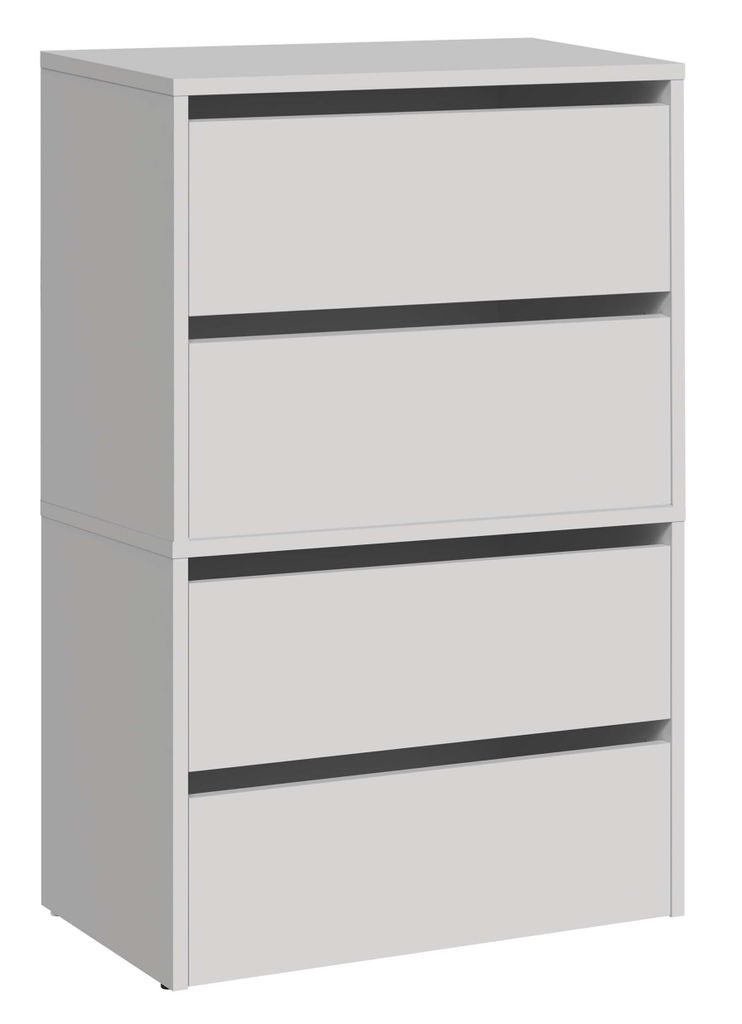 A white, four-drawer cabinet on a white background.