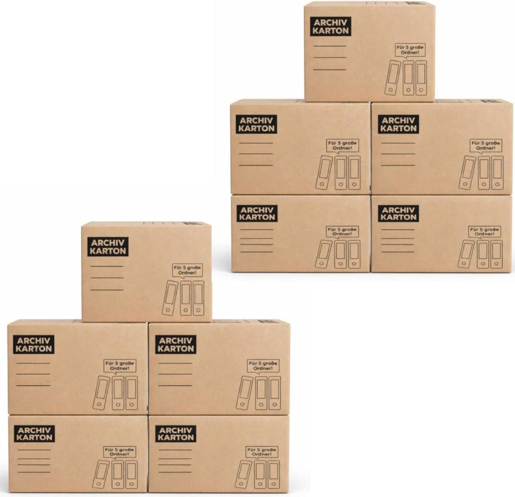 BURI Archivkarton Aktenkarton 10er Set für 5 große A4 Ordner, stabiler Archivbox aus Wellpappe mit Steckdeckel, stapelbar bis 30 kg, mit Griffen ...