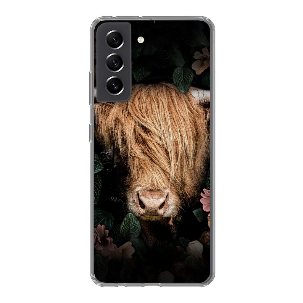 MuchoWow Handyhülle Schutzhülle Hülle für Samsung Galaxy S21 FE Schottischer Highlander - Kuh - Blätter Silikon Softcase Handy Hülle - Mobi...