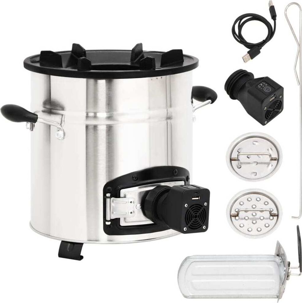 Camping-Holzofen mit USB-Gebläse Silbern 35,5x26x28cm Edelstahl