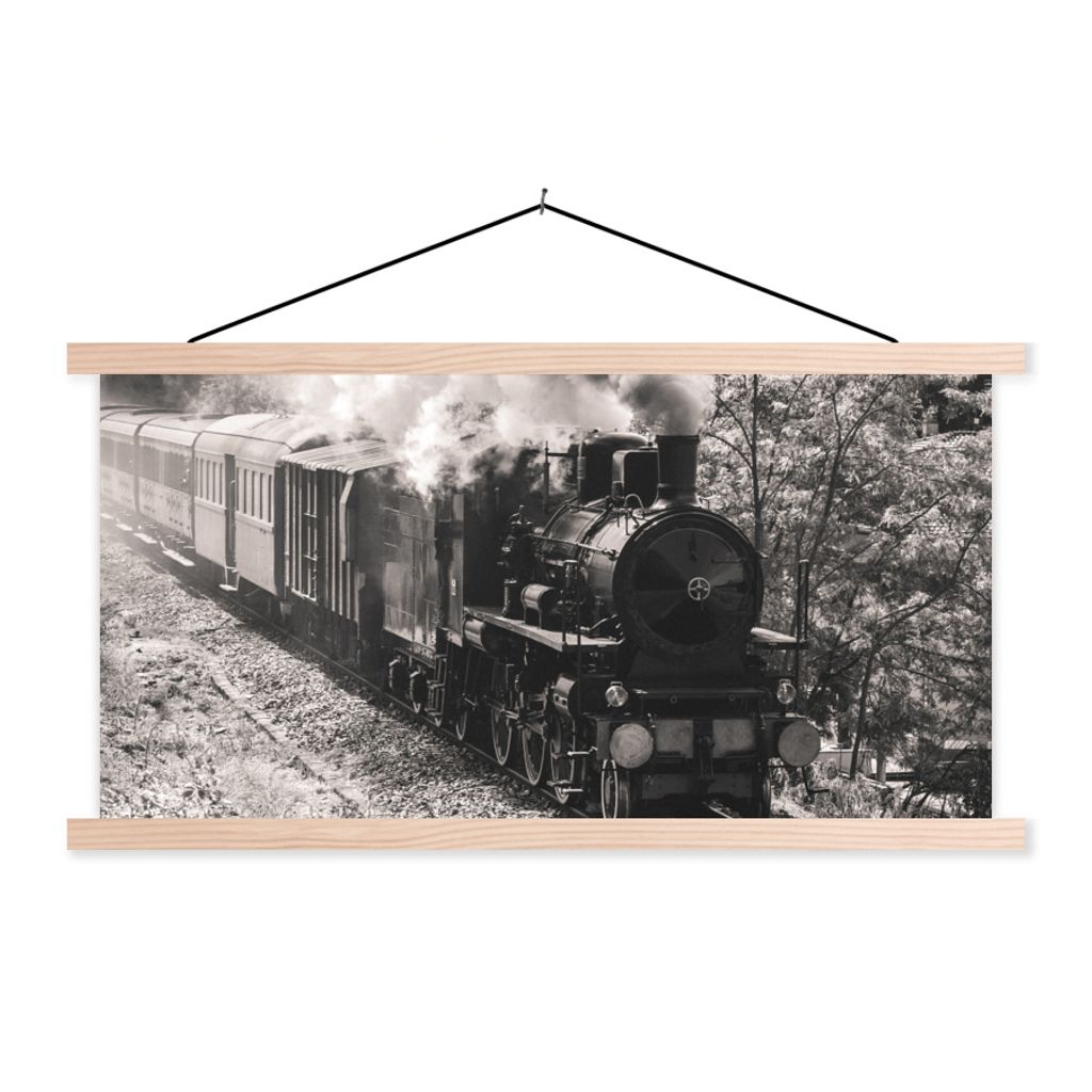 MuchoWow Textilposter Ein authentischer Dampfzug in Schwarz-Weiß 60x30 cm mit holzfarbenen Rahmen - Dekoration