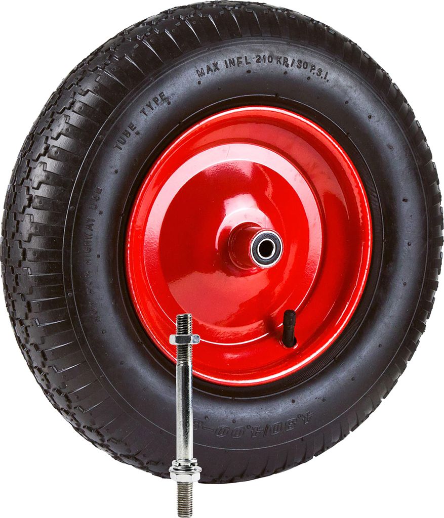 A close-up of a wheel with a red rim and black tire, with a bolt and nuts in the foreground.