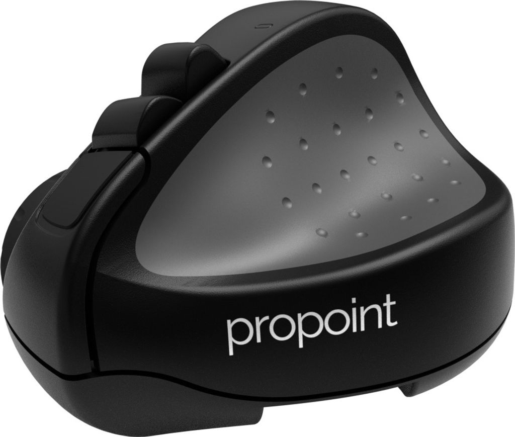 A black and gray ergonomic mouse with the brand name 'propoint' visible.