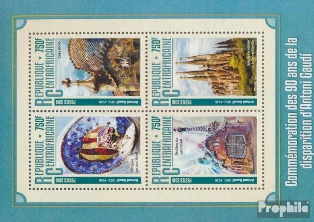 Briefmarken Zentralafrikanische Republik 2016 Mi 6225-6228 Kleinbogen (kompl. Ausgabe) postfrisch Anton Gaudí