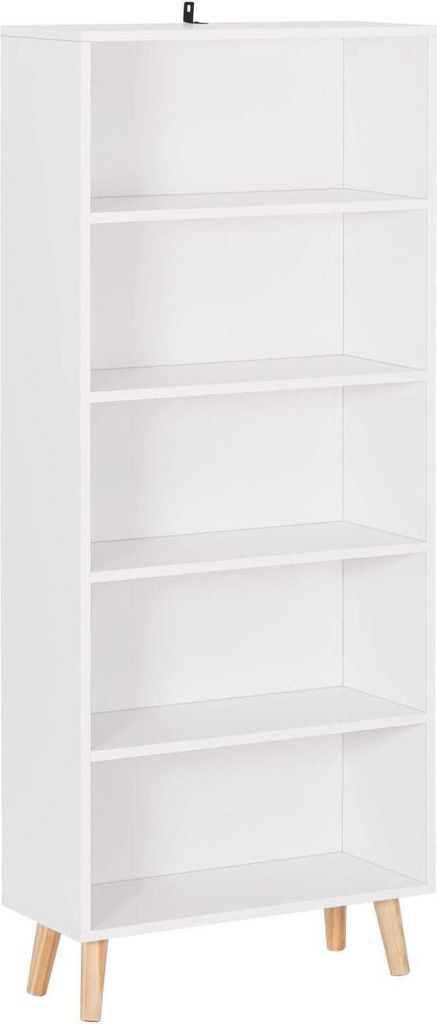 A tall, narrow, white bookshelf with five shelves, standing on light brown wooden legs.
