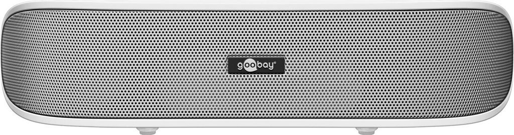 A white soundbar with a perforated front grille.