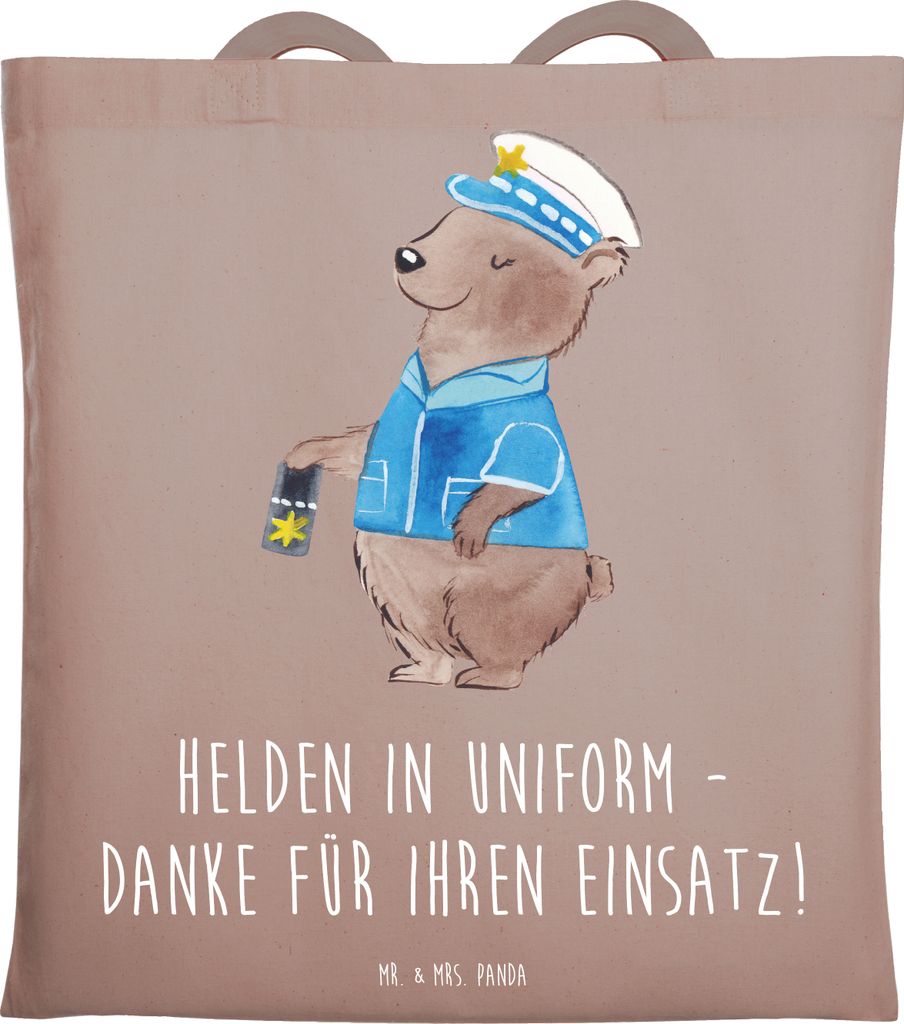 Mr. & Mrs. Panda Jutebeutel Polizist Held - Braun Pastell - Geschenk, Tote Bag, Mutig, Einsatz, Mut, Tragetasche, Dankbarkeit, Bedanken, Aufmerksam...