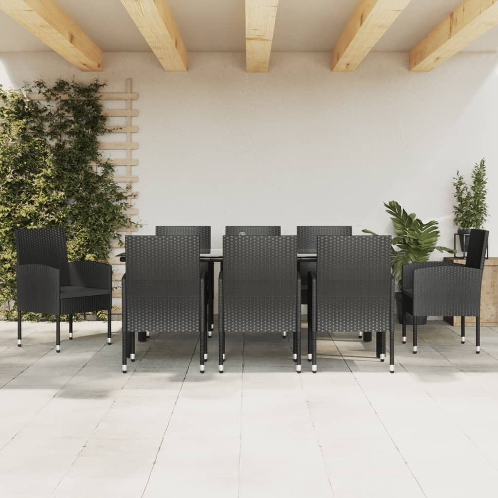 The Living Store 9-tlg. Garten-Essgruppe Schwarz Poly Rattan und Stahl