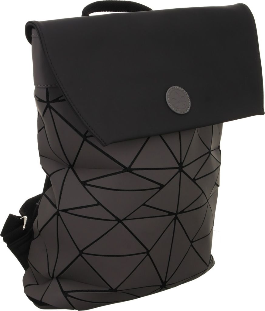 A gray backpack with a geometric pattern and a black flap.