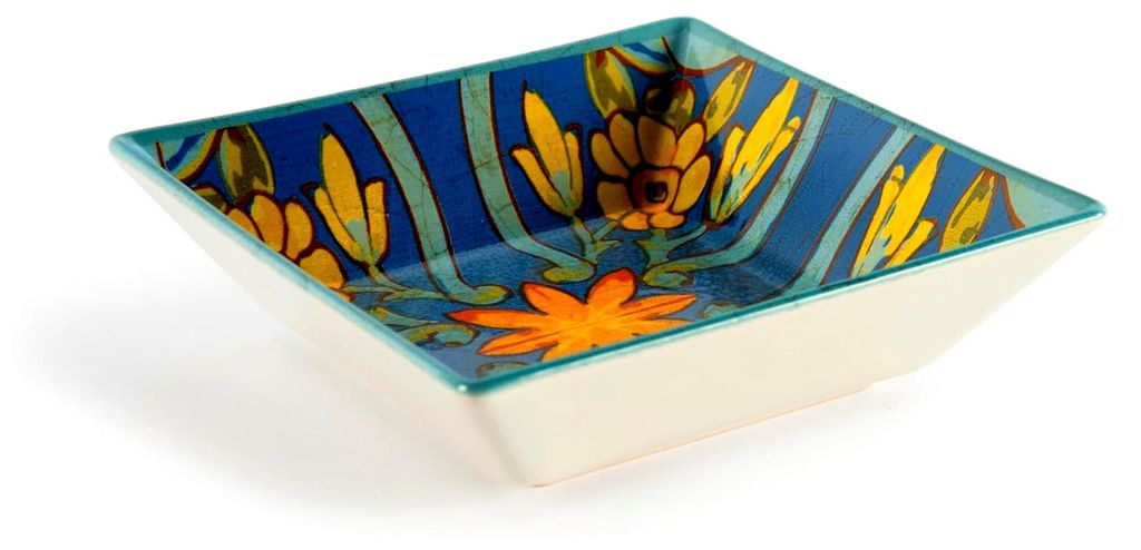 Trinacria Set mit 6 quadratischen Suppentellern aus Keramik, Blumendekor in Blau und Gelb