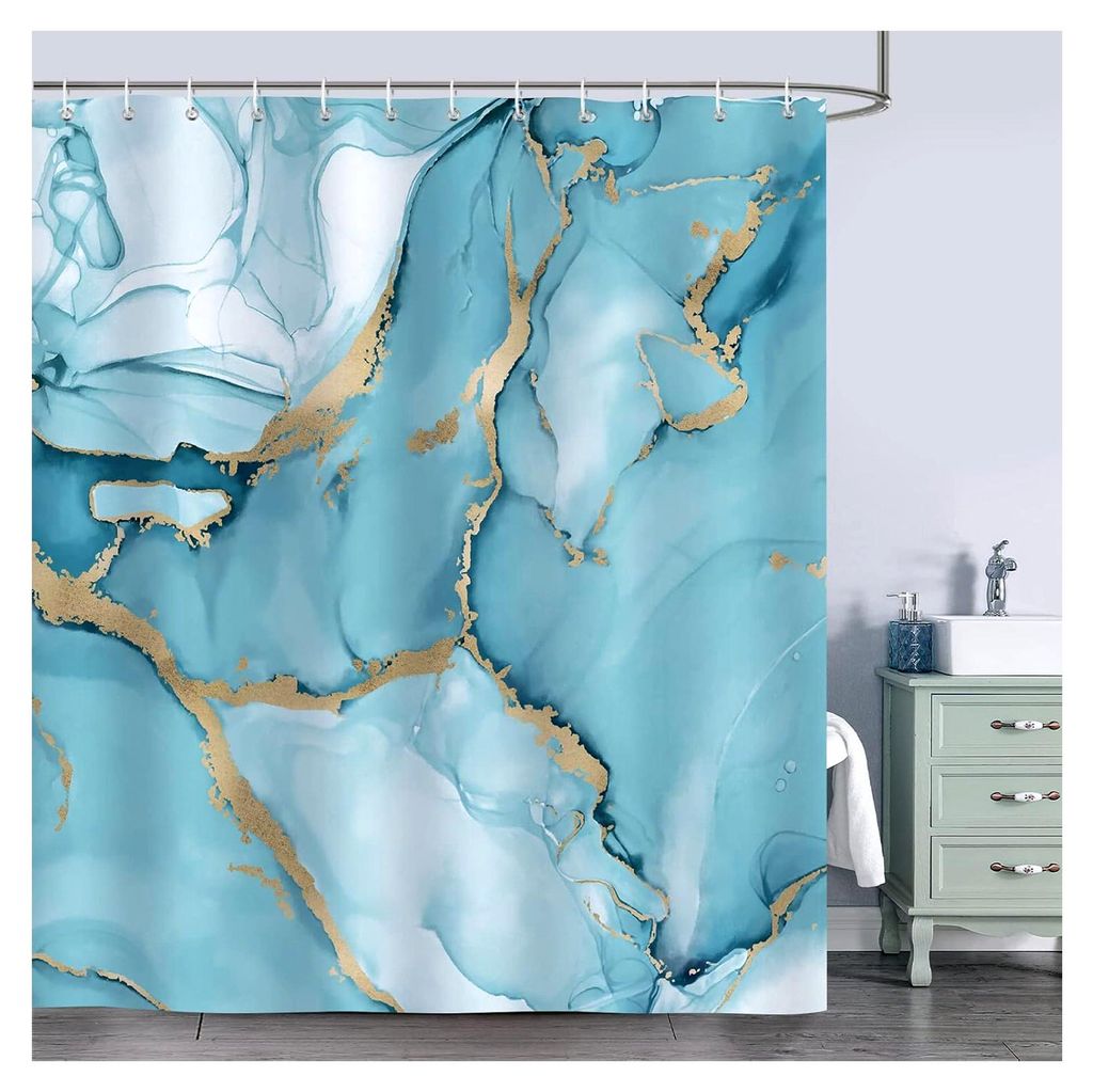 Duschvorhang in Türkis und Gold Marmor Modern Abstrakt 180 x 180 cm Wasserdicht und Anti-Schimmel Polyester Waschbar für das Badezimmer mit 12 Haken