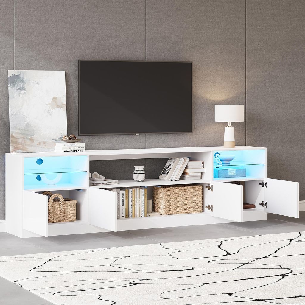okwish Hochglanz TV-Schrank mit LED und Stauräume, Lowboard mit vier Scharniertüren, offener Stauraum,für Fernseher bis zu 75 Zoll,Weiß
