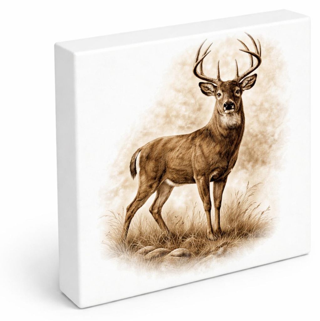 Wald Schönheit Hirsch im Gras Holzbild in 15x15 cm zum Stellen oder Aufhängen