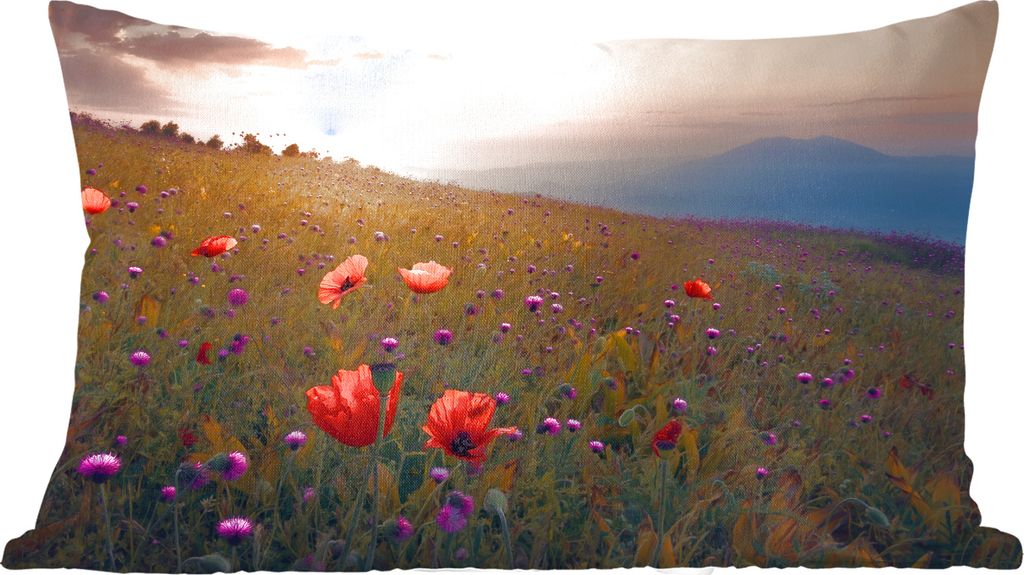 MuchoWow Zierkissen Sofakissen Wohnzimmer Dekokissen 50x30 cm Blumenfeld - Gras - Blumen - Pflanzen - Sonnenuntergang - Orange - Wohnzimmerdekora...