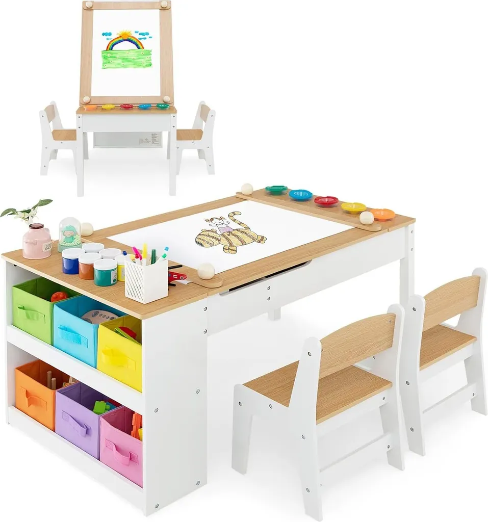 Table d'activités 3 en 1 Costway en bois naturel avec plateau relevable