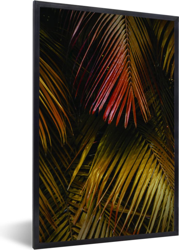 MuchoWow Gerahmtes Poster Dschungel - Rot - Gold - Palmenblatt 40x60 cm - Poster mit Schwarzem Bilderrahmen Wandposter Rahmen Foto Bilder - Papie...