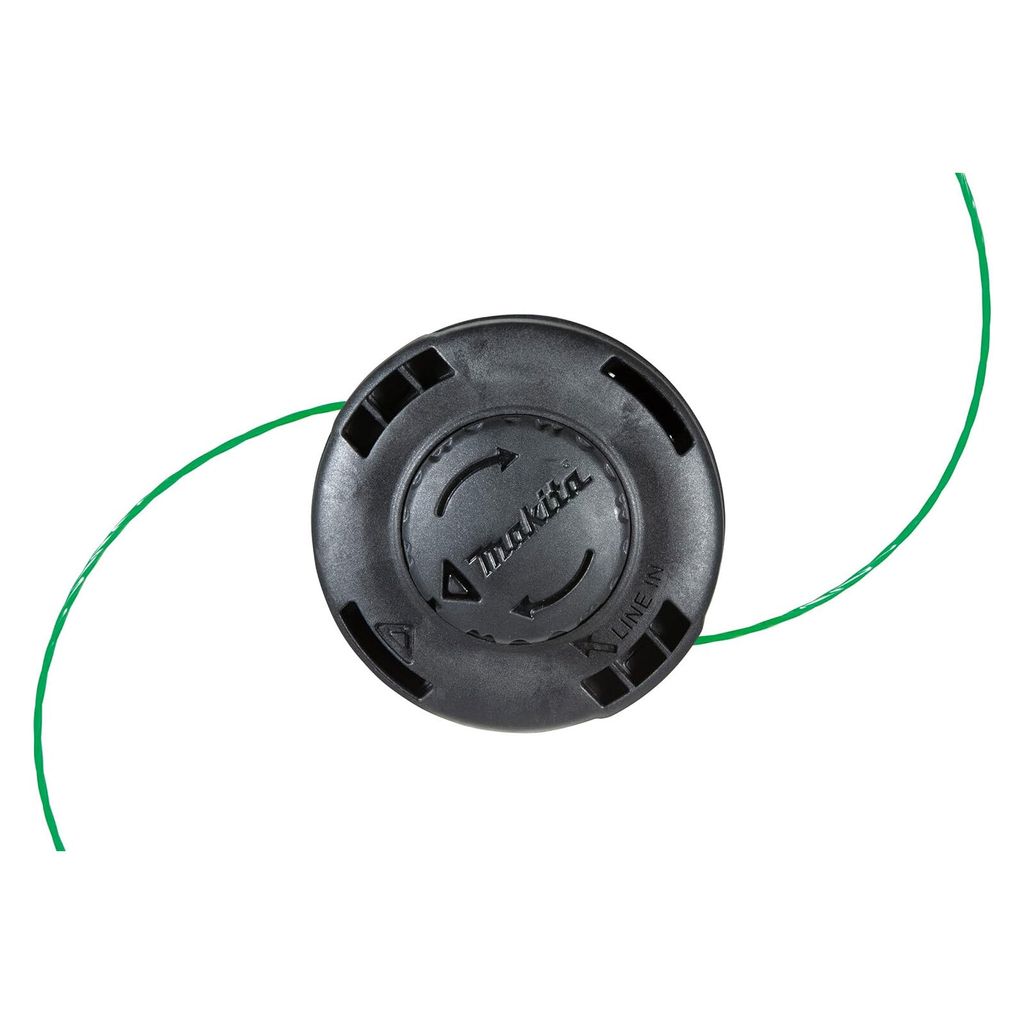 A black string trimmer head with green trimmer line on a white background.