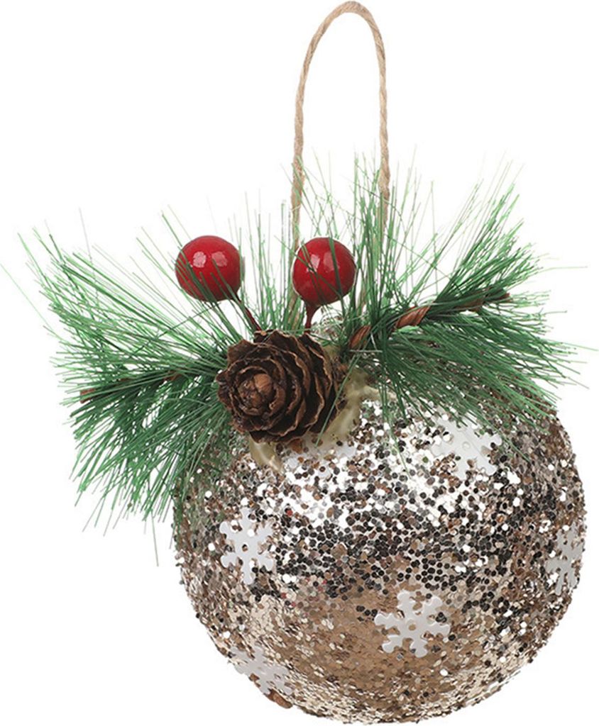 Glitzernde Weihnachtskugeln aus Schaumstoff mit Pailletten und Beeren, verziert mit Tannenzapfen, als Christbaumschmuck zum Aufhängen für die Wei...