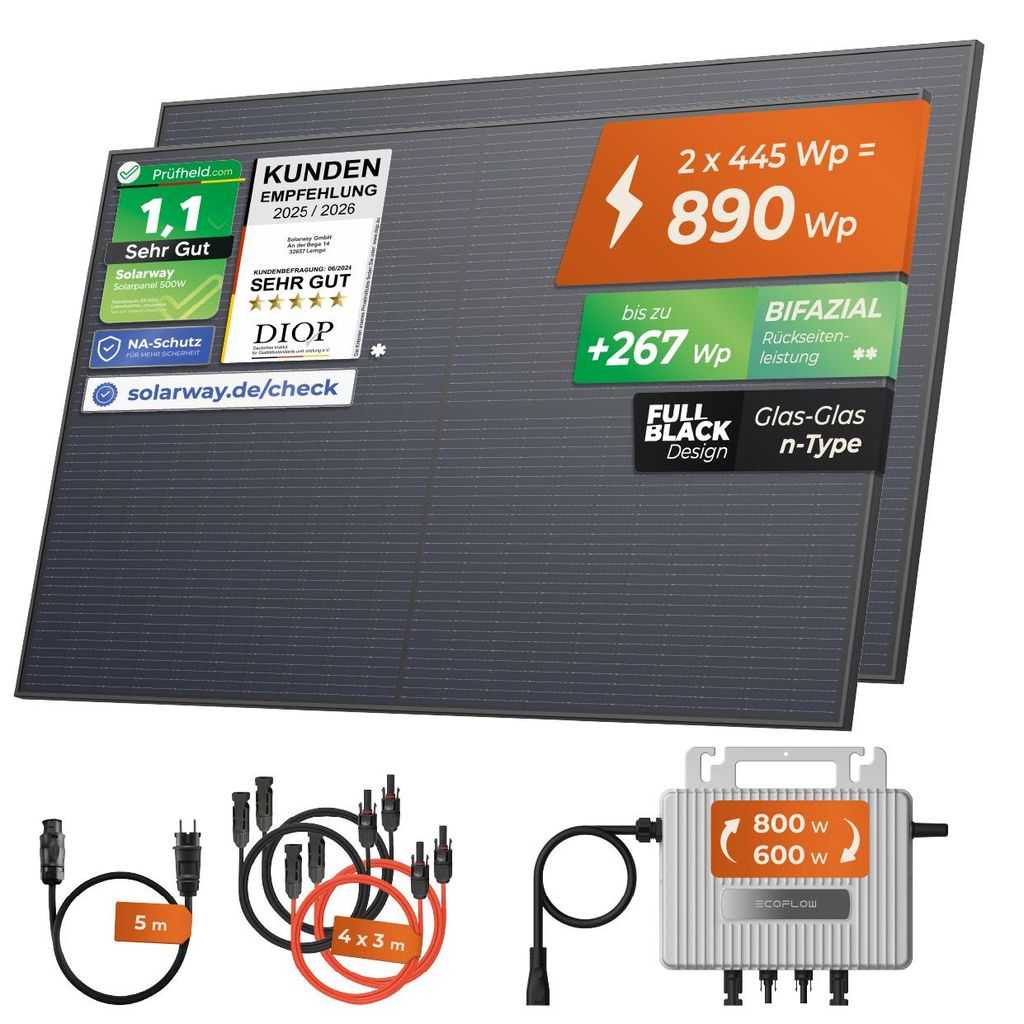 Solarway 890Wp / 800W Balkonkraftwerk komplett Steckdose - neuester EcoFlow Stream 800 Watt Wechselrichter
