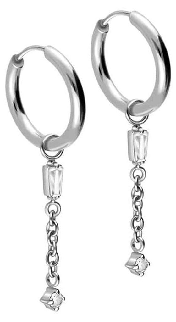 Chirurgenstahl Ohrclicker Creolen 2 KRISTALLE + KETTE Silber Innendurchmesser: 12mm + Designstärke: 2mm
