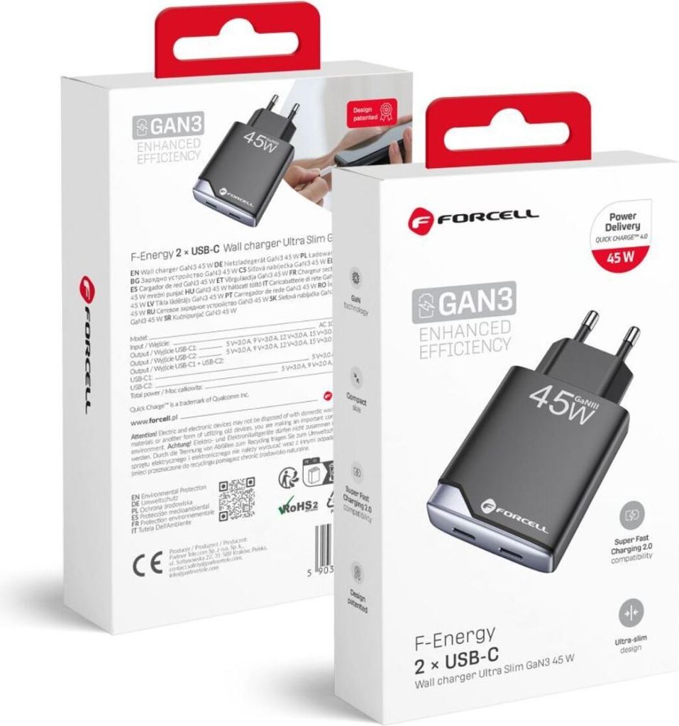 FORCELL F-ENERGY GaN III B245201(2C) Ultra Slim Reiseladegerät 2 x Typ C + USB A PD QC4.0 3A 45W schwarz