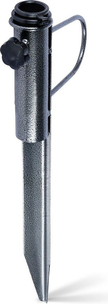 A metal umbrella stand spike for ground insertion.
