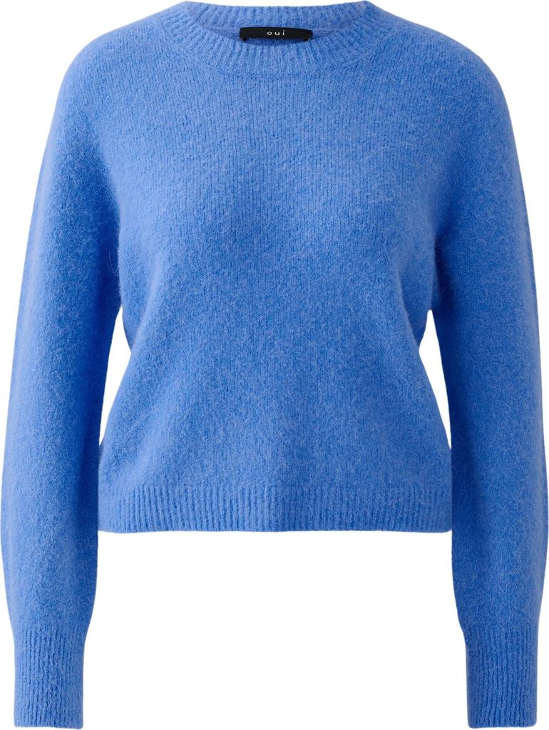 Oui Damen Pullover, Blau, Größe 42, Rundhals, verkürzte Länge, Ballonärmel, nahtlos gestrickt