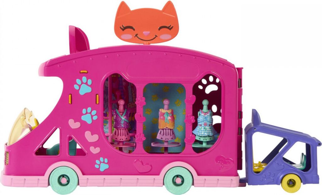 A toy mobile fashion show vehicle with a cat face on top.