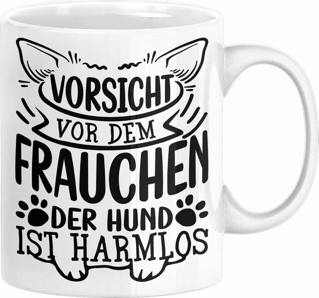 Frauchen Tasse Geschenk Hundebesitzerin Spruch Geschenkidee Kaffee-Becher Hunde Besitzerin Vorsicht Vor Dem Frauchen Der Hund Ist Harmlos (Weiß)