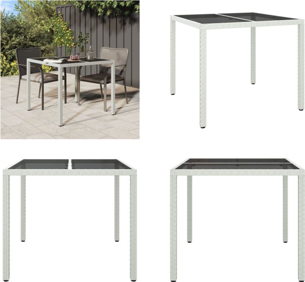 vidaXL Gartentisch 90x90x75 cm Gehärtetes Glas Poly Rattan Weiß - Gartentisch - Gartentische - Tisch - Tische
