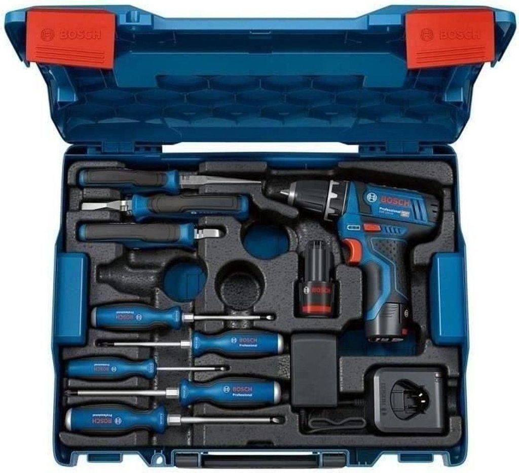 Bosch Professional GSR 12V-15 Bohrschrauber + Handwerkzeuge + 2 x 2,0 Ah Akkus + GAL 12V-20 Ladegerät – 060186810R