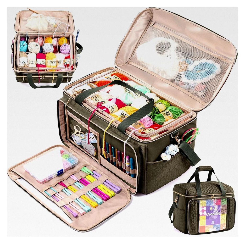 Große Garnaufbewahrungstasche, Häkeltasche, Organizer, Garntaschen für Häkeln, Aufbewahrungstasche mit Fächern für Häkelnadeln, Häkelzubeh...