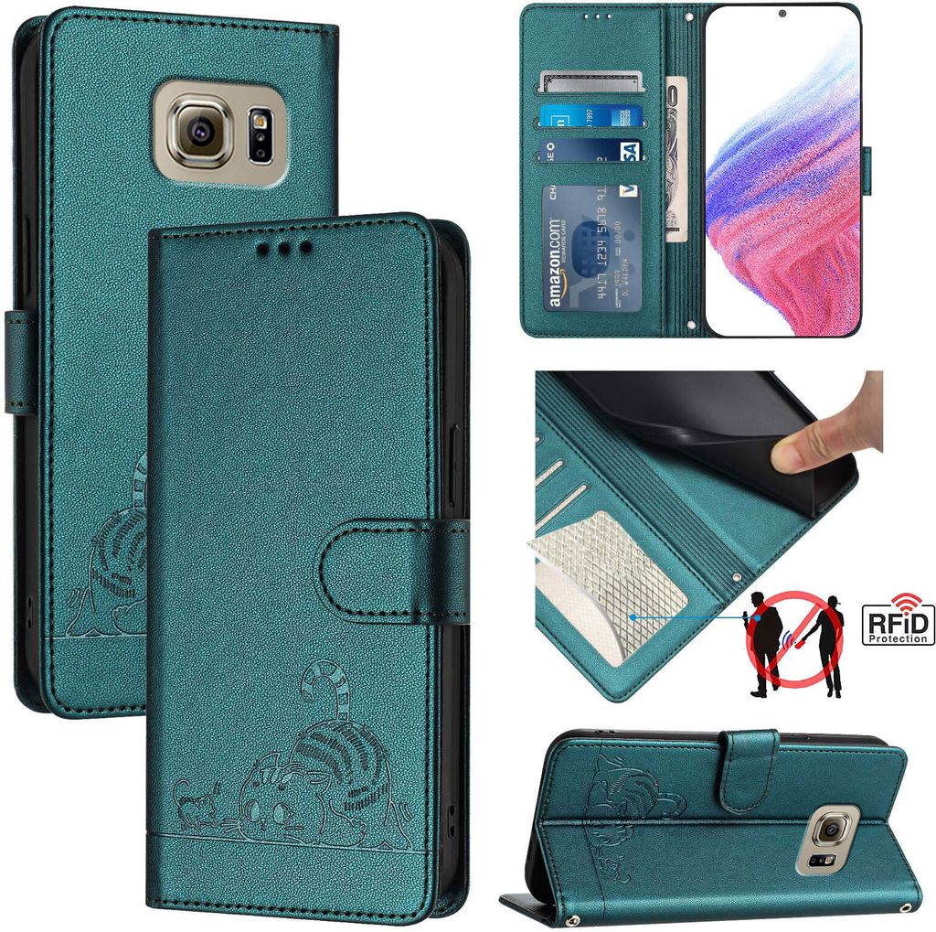 Leder Hülle für Samsung Galaxy S6 Süße Katze Flip Case Brieftasche Schutzhülle mit Standfunktion Grün