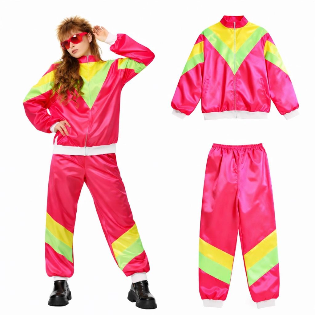 Trainingsanzug Overall Jogginganzug - 80er 90er Jahre Outfit Retro Bad Taste - Herren & Damen für Fasching & Karneval (Pink, L/XL)