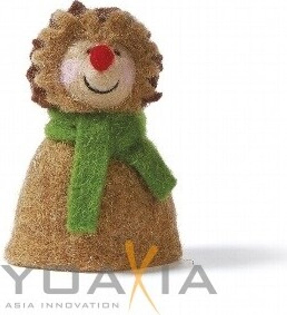A felt hedgehog egg warmer with a green scarf and red nose, set against a white background.