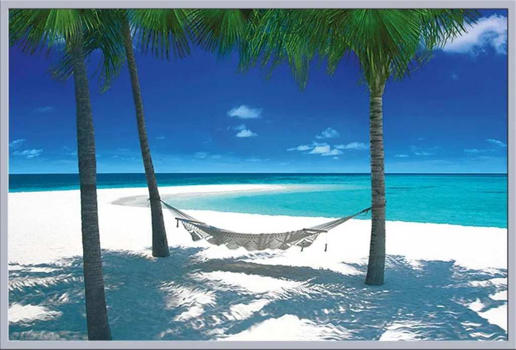 Affiche Plages Hammock In Paradise avec Cadre Argenté Vitre Acrylique